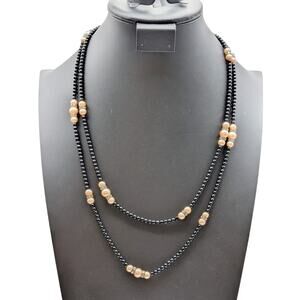 Vintage 50" Black Glass Bead Faux Pearl Rhinestone Rondelle Bead Necklace